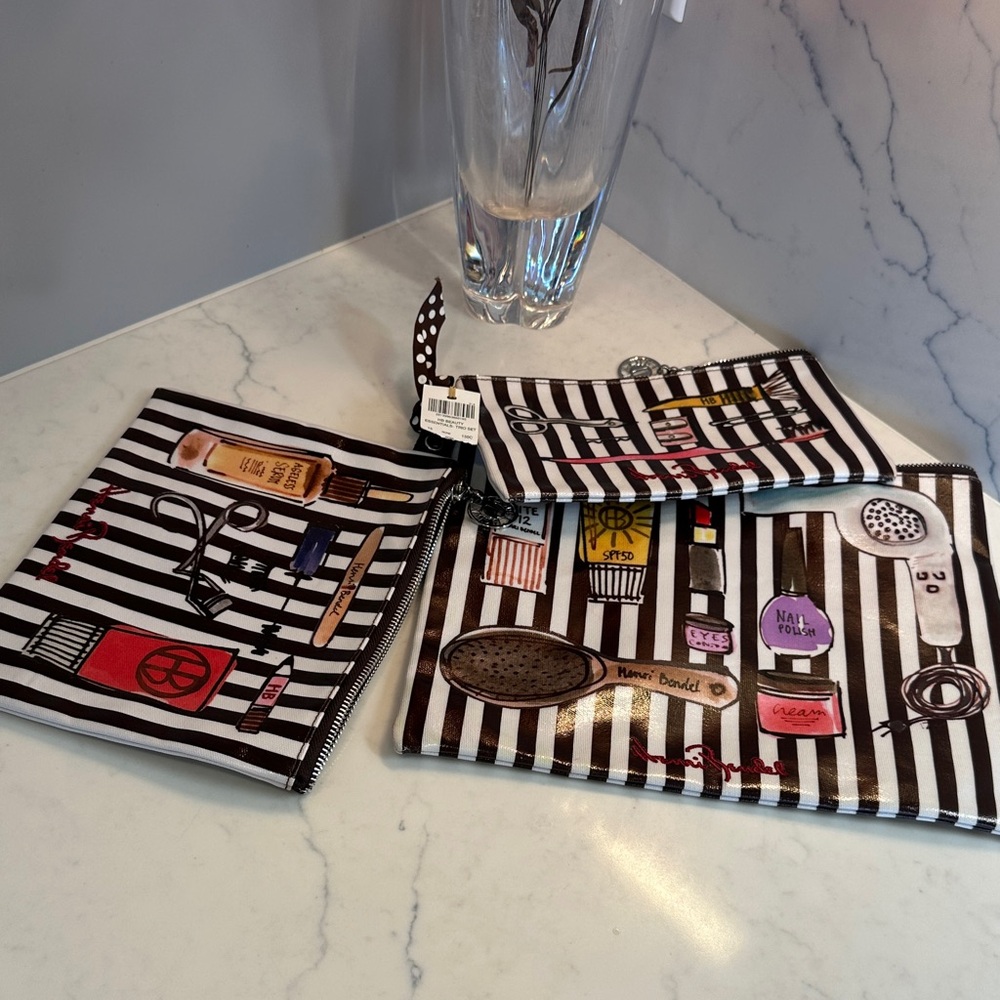 Henri Bendel Classic Brown and White Striped Cosmetic Bags